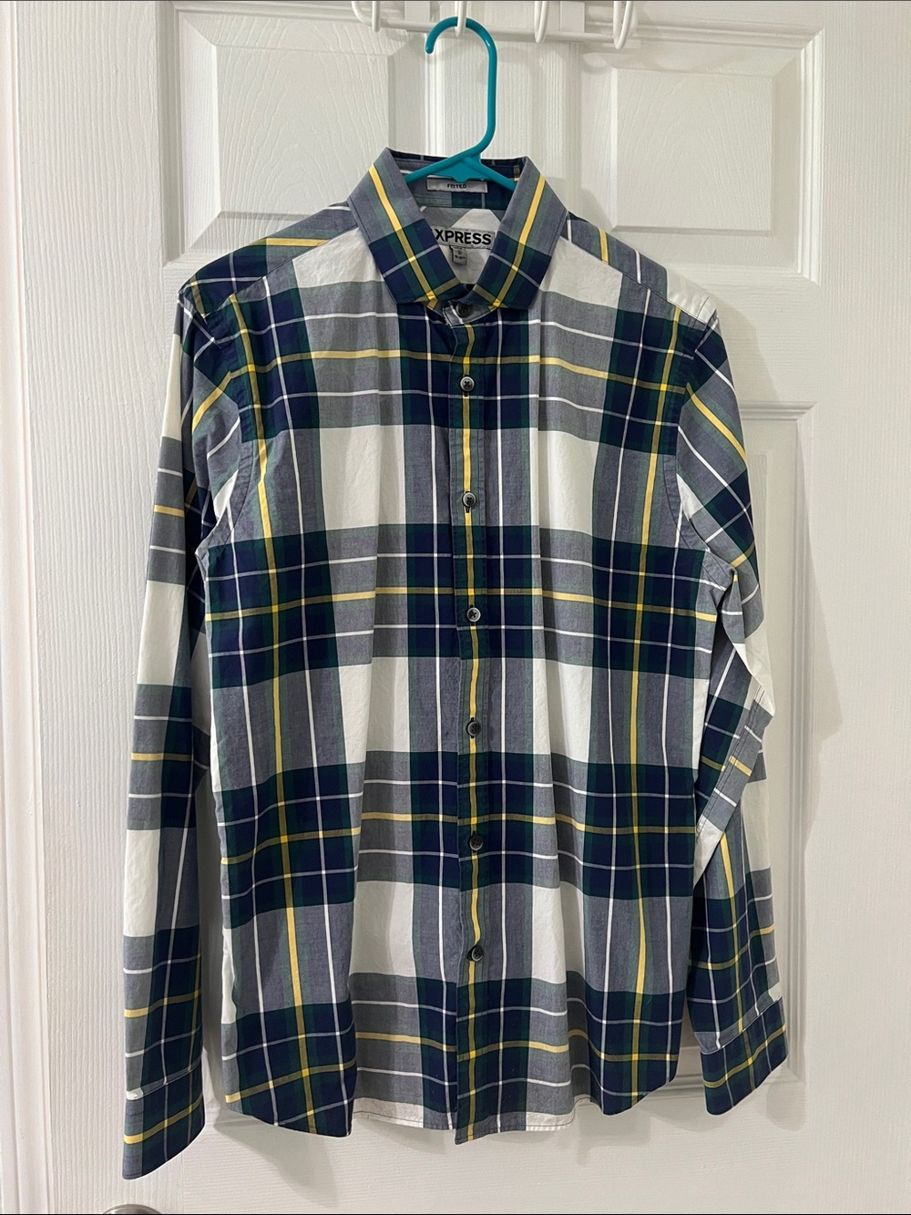 Express Navy, White, Yellow & Green Plaid Button-Down Shirt